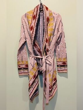 Freeway Shawl Collar Knit Jacket with Multi-Color Aztec Trim